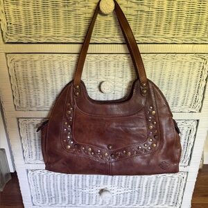 Patricia Nash Brown Leather Studded Zippered Shoulder Bag - Women